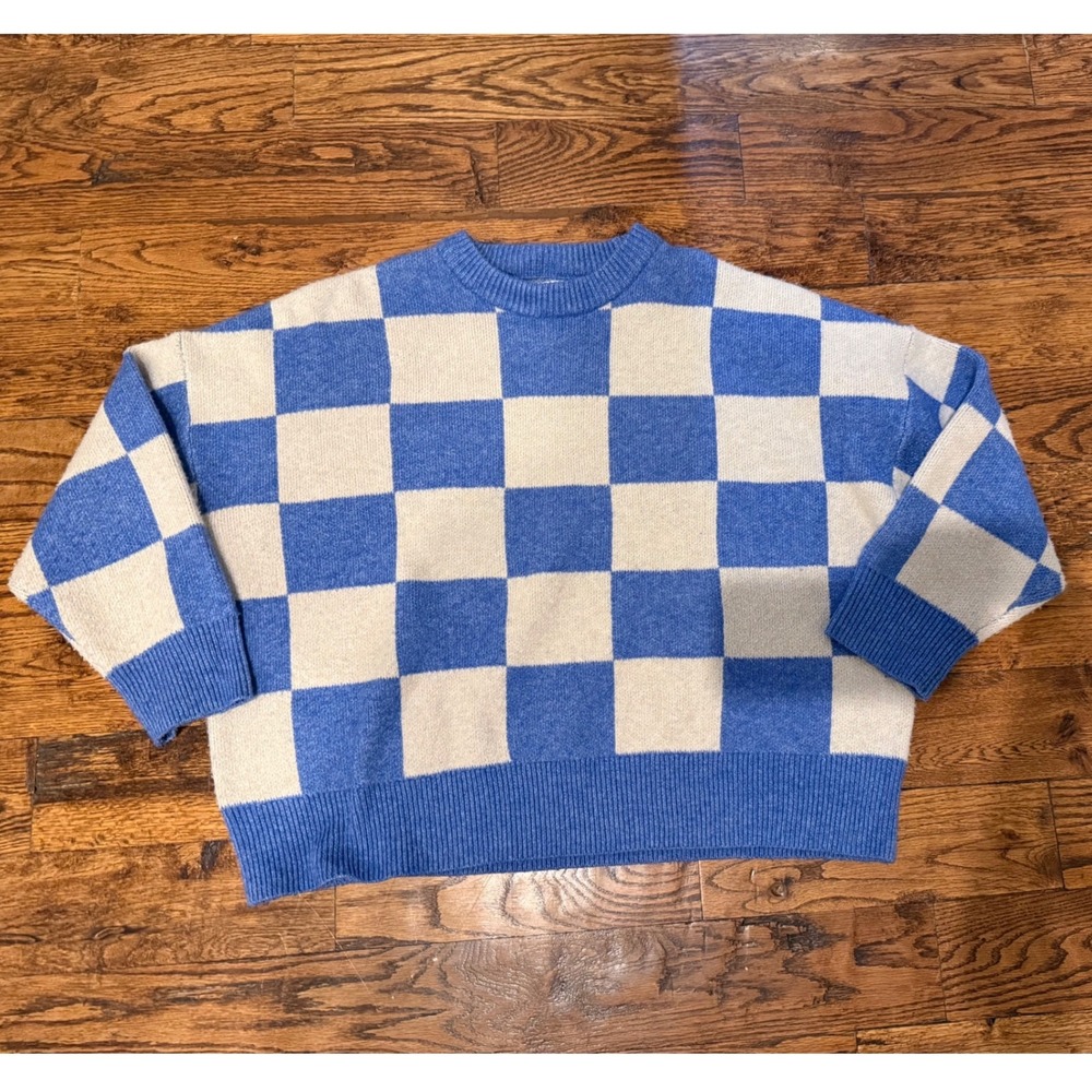 Oak + Fort Checkerboard Sweater Blue Cream Oversized Knit Crewneck XS SW-8220-W